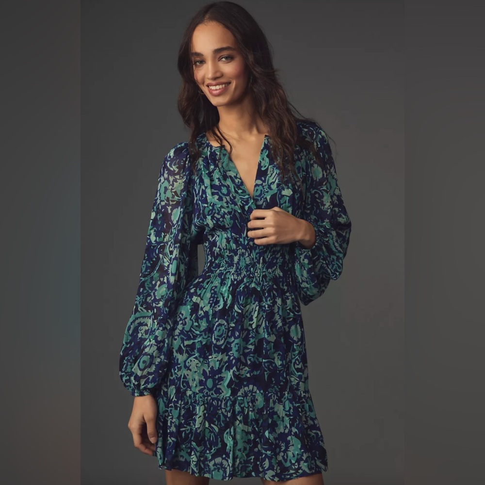 Anthropologie Navy and Teal Floral Mini Dress